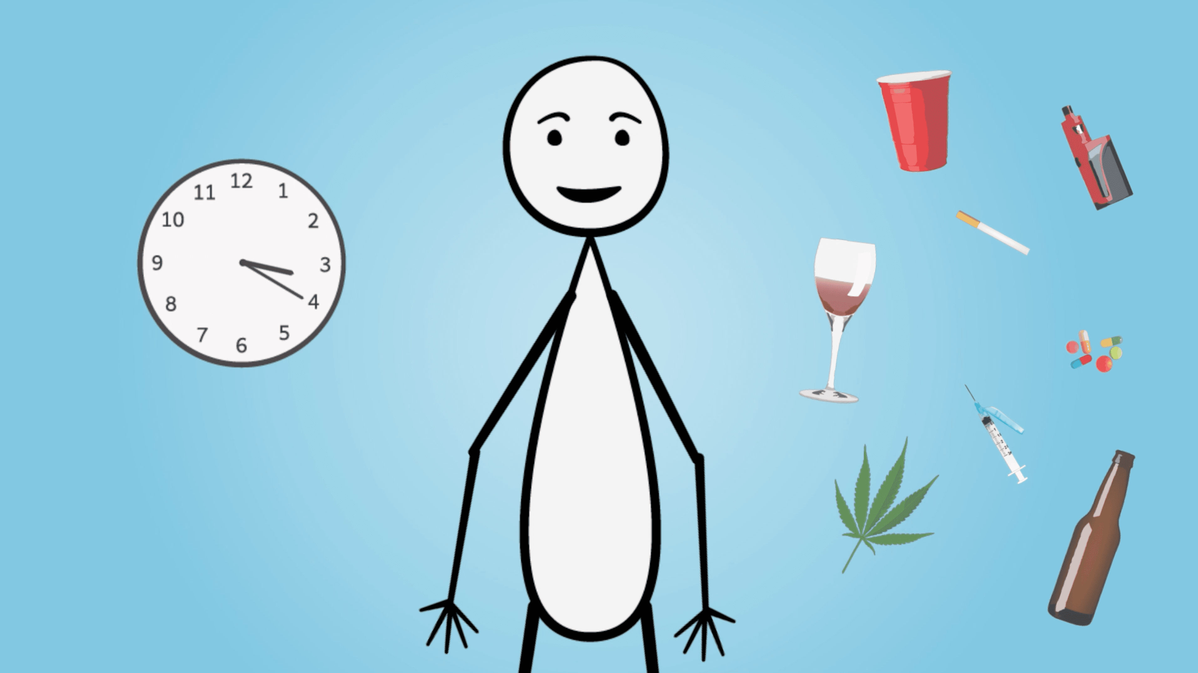 Illustration d'une figure en bâton souriante sur un fond bleu clair, entourée de divers objets et substances, y compris une horloge, des boissons, des articles pour fumer, une seringue et des feuilles de marijuana.