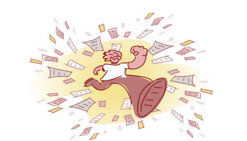 This a person confidently breaking through a flurry of documents, symbolizing triumph over challenges related to paperwork or bureaucracy. The dynamic pose and scattered papers convey a sense of empowerment and determination.
